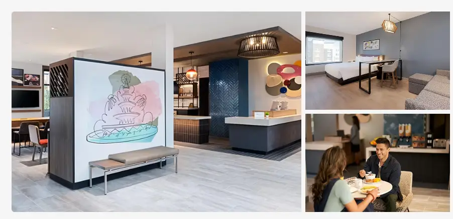 A modern hotel lobby with contemporary decor, a front desk, and seating area; inset images show a cozy hotel room with two beds and a couple dining together at a table.